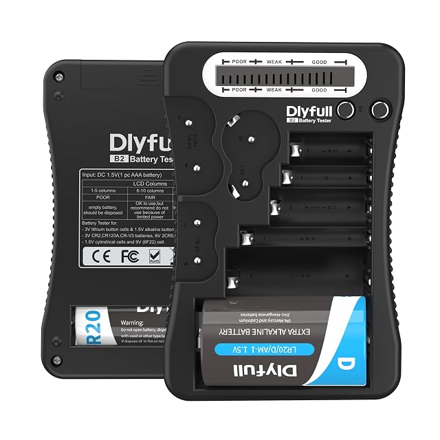 Dlyfull B2 battery tester in red with a CR123A cell in the cradle