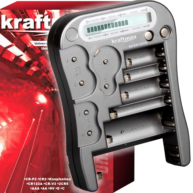 kraftmax Battery Tester V2 Professional holding a 9V block, display lit