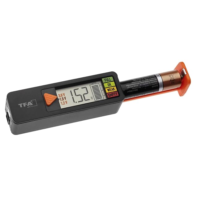 TFA Dostmann BatteryCheck tester with a battery in place and its digital display lit