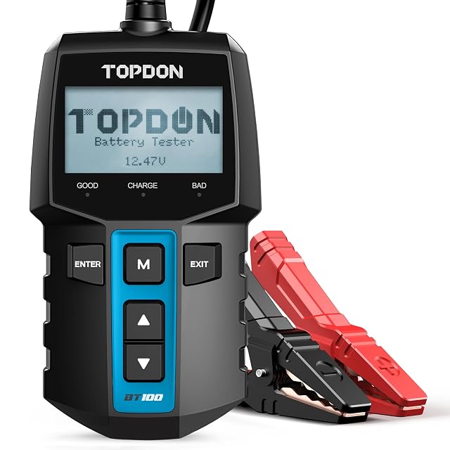 TOPDON BT100 vehicle battery tester with its clamps attached to a car battery