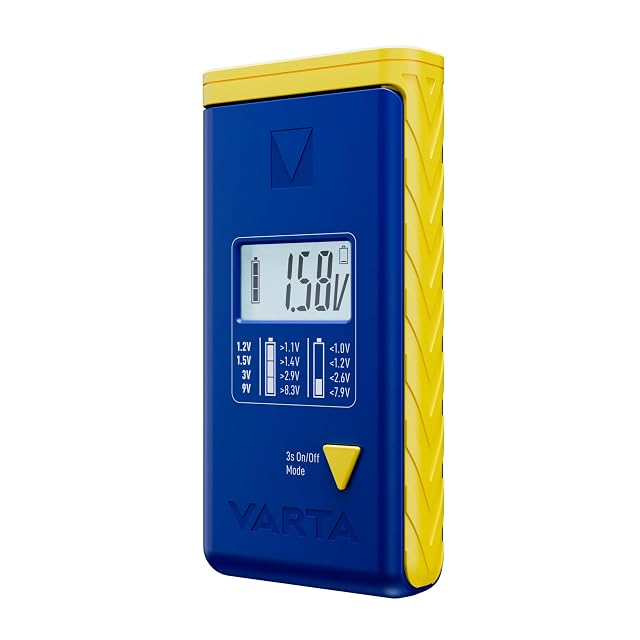 VARTA LCD battery tester with an AA cell in its cradle, display showing charge state