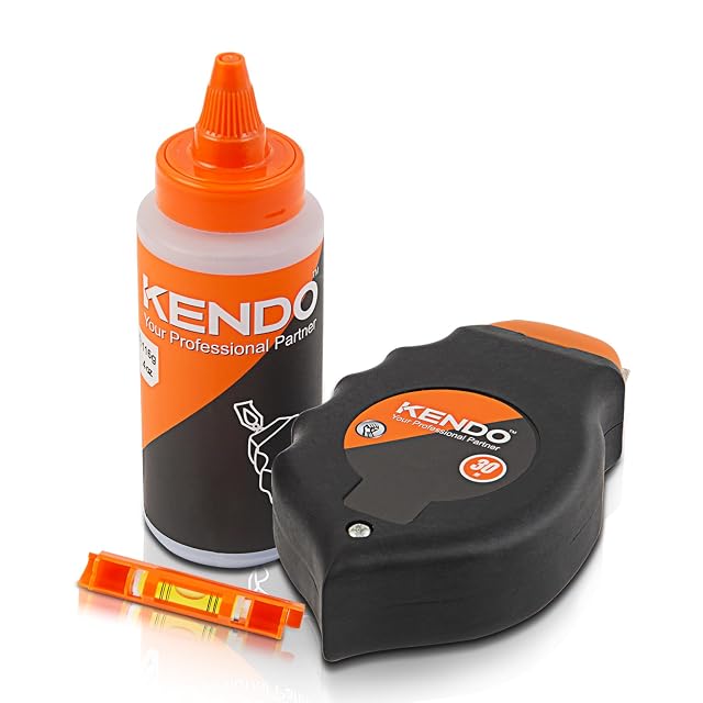 Kendo chalk line reel with its stainless hook and integrated bubble vial