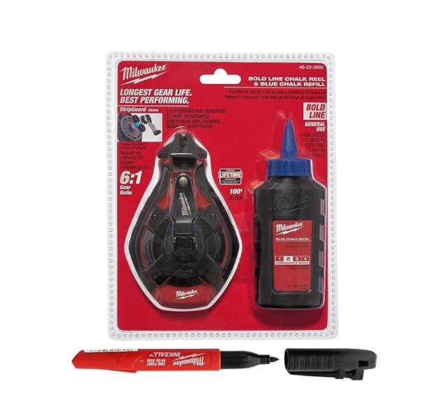 Milwaukee chalk reel with red body and flush folding handle