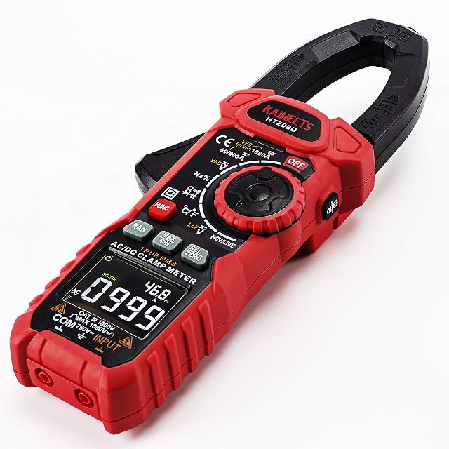 KAIWEETS clamp meter with a large jaw around a thick cable, torch lit
