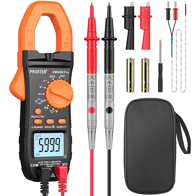 Proster clamp meter with its jaw open around a cable, display showing a current reading