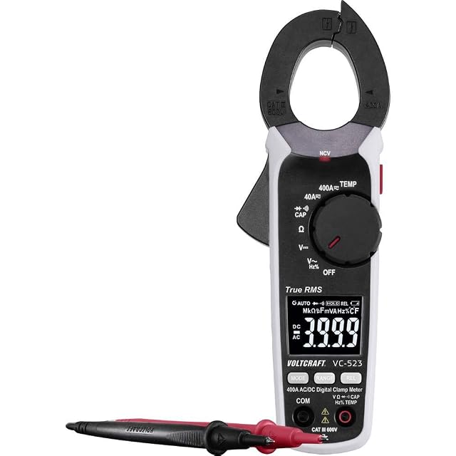 Voltcraft VC-523 clamp meter with its rotary function selector and open jaw
