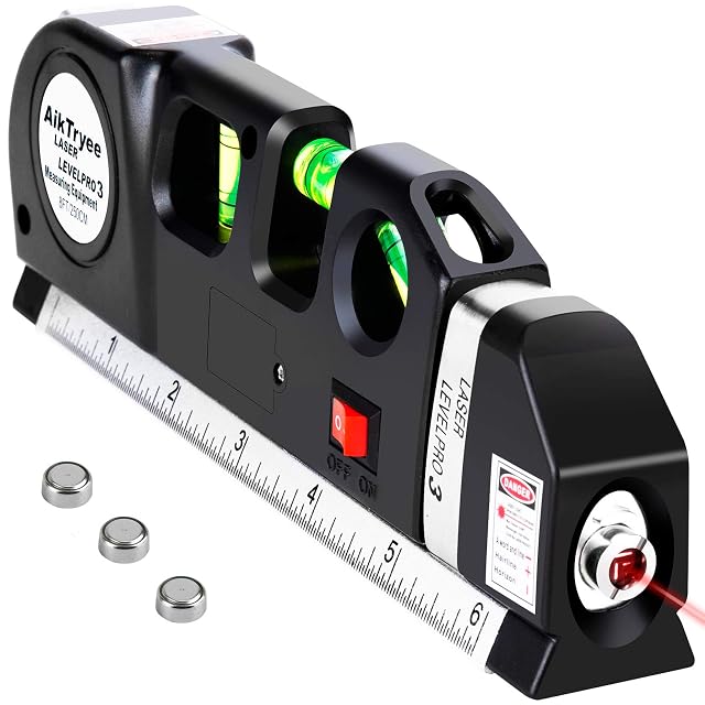 AikTryee cross-line laser level with integrated 8 ft measuring tape