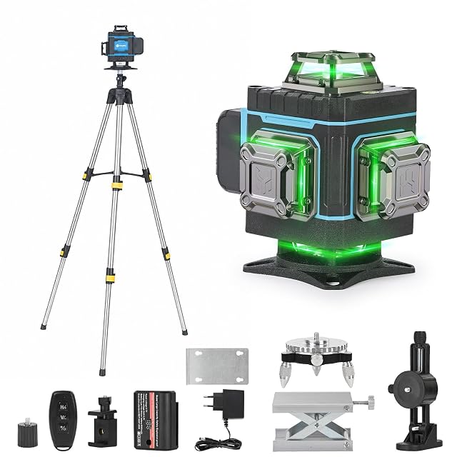 ansigtny green cross-line laser mounted on its supplied aluminum tripod at working height