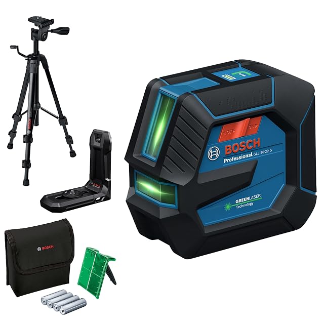 Bosch Professional GLL 20-22 G green line laser in blue rubber armor, with its LB 10 mount and target plate