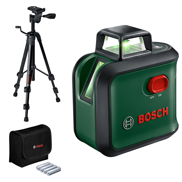 Bosch AdvancedLevel 360 green line laser on its supplied tripod, casting a horizontal 360-degree line