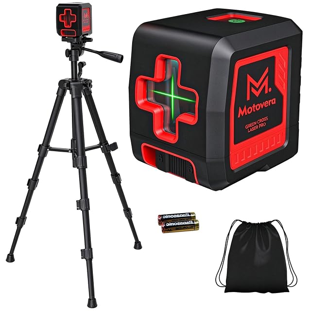 Motovera green cross-line laser level on its included tripod