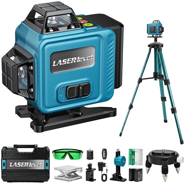 Pakinui green cross-line laser on a small tripod, projecting horizontal and vertical lines onto a wall