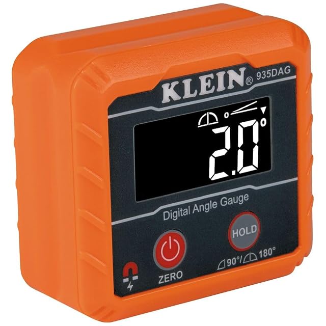 Klein Tools 935DAG digital angle gauge clamped magnetically to a length of conduit