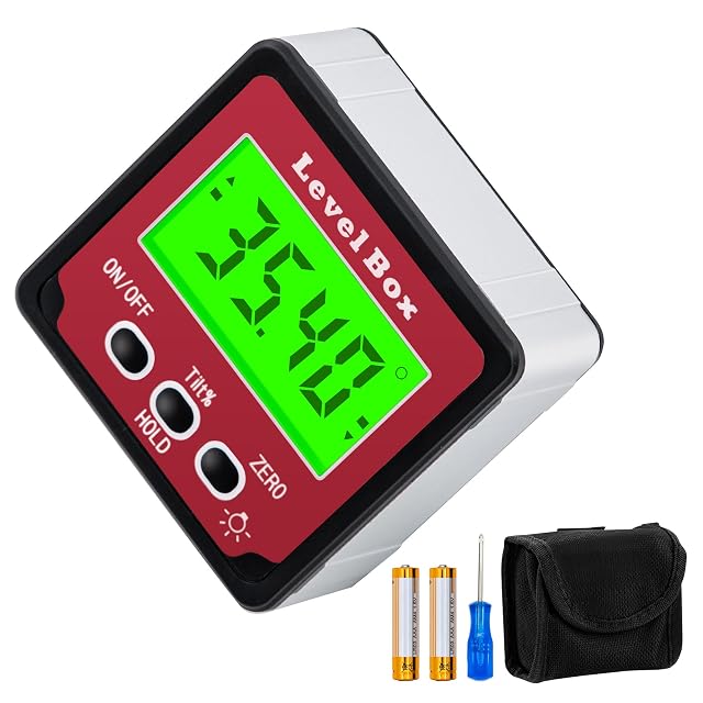 Mcbazel digital angle gauge in an aluminum housing, magnetic base against a steel section