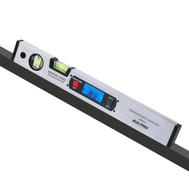 RISEPRO digital angle gauge with a backlit display on a metal surface
