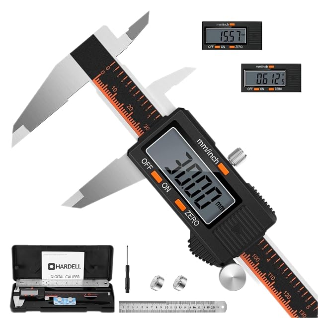 HARDELL digital caliper with its jaws open on a workbench, display showing a measurement