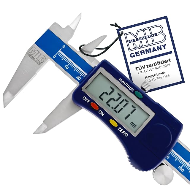 MIB Germany digital caliper with a large LCD, jaws closed on a machined part