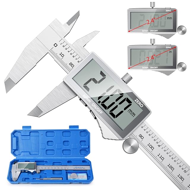 Preciva digital caliper in stainless steel with its LCD display lit