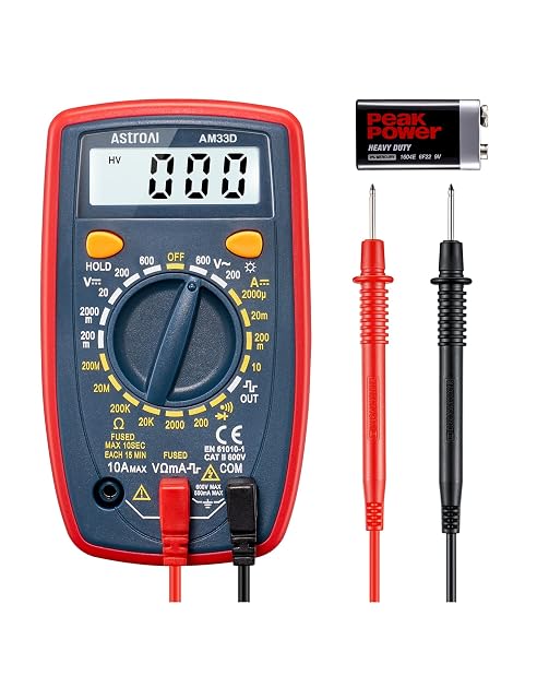 AstroAI digital multimeter in its yellow silicone protective sleeve