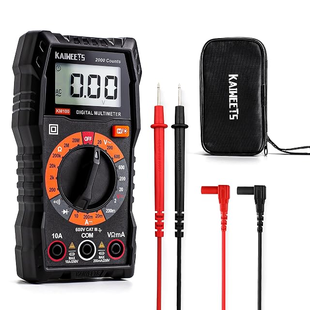 KAIWEETS KM100 digital multimeter with its case and test leads
