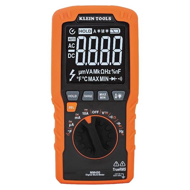 Klein Tools MM450 slim multimeter with its reverse-contrast display