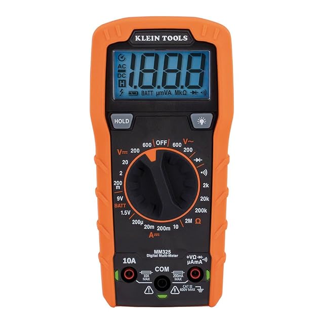 Klein Tools MM325 digital multimeter with its rotary dial and backlit display