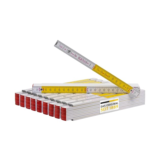 Stabila Type 717 folding rule in white and yellow, unfolded to show its continuous straight edge