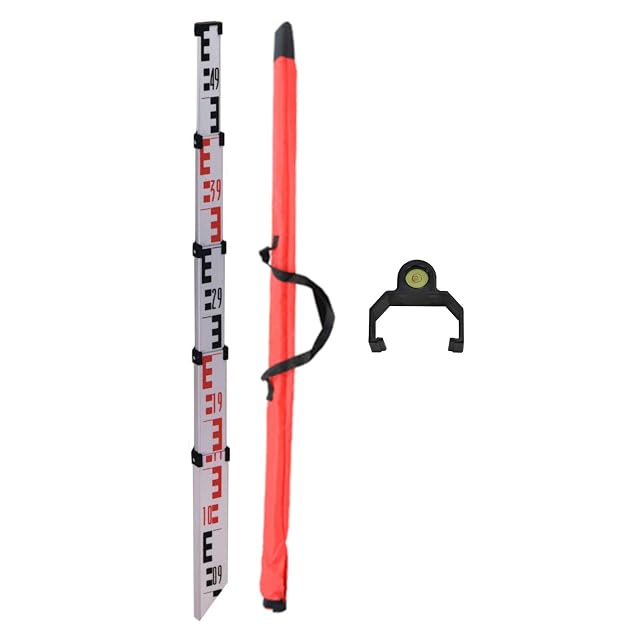 DEWEPRO telescopic measuring staff with its base plate on soft ground