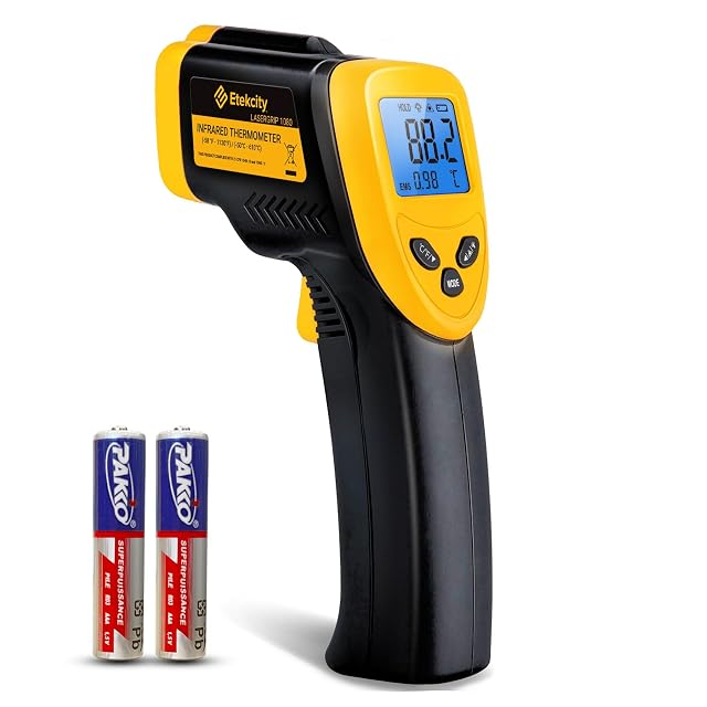 Etekcity Lasergrip 1080 infrared thermometer with its backlit display showing a reading