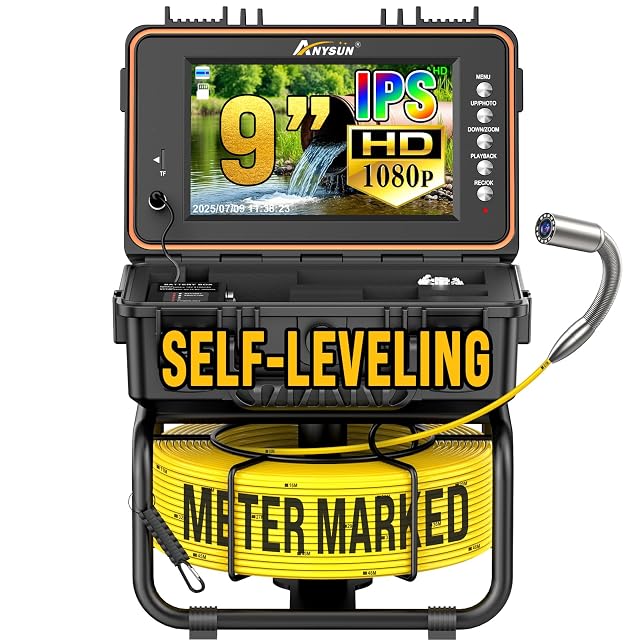 anysun drain inspection camera with its 9-inch screen and coiled 30 meter cable