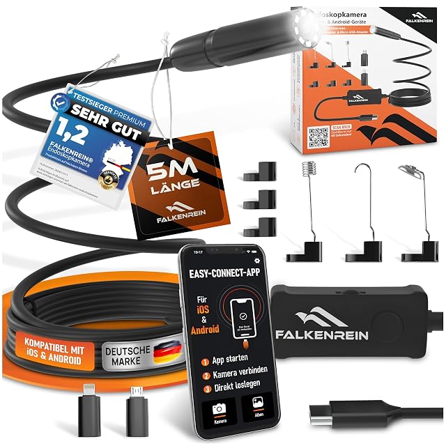 FALKENREIN endoscope camera set with its cable coiled and phone adapters