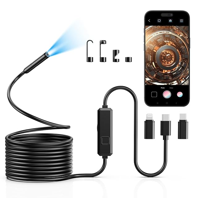 Vorth endoscope camera probe bent into a curve, its LED ring lit