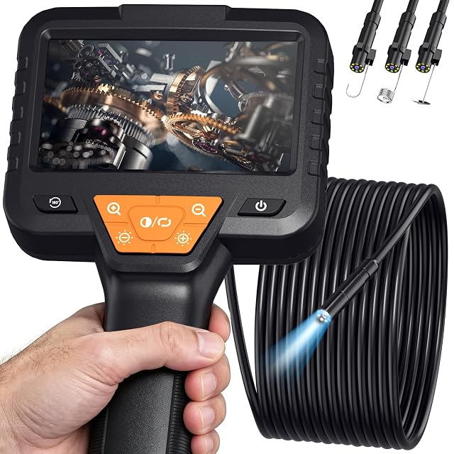 Yamokizy SC08 endoscope with its 4.3-inch screen showing the view from inside a pipe