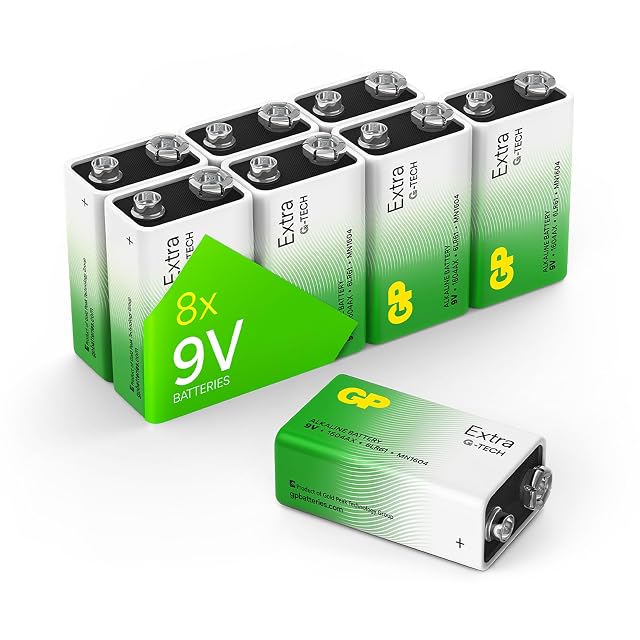 GP Extra Alkaline 9 volt block batteries, eight in a pack