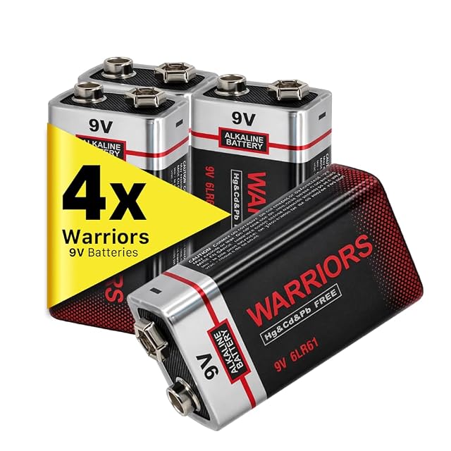Warriors 9 volt alkaline block batteries in their four-pack