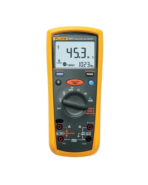 Fluke 1577 insulation multimeter in yellow and grey with its test leads coiled