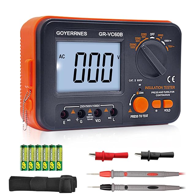 GOYERRNES insulation tester with its rotary range selector and backlit LCD
