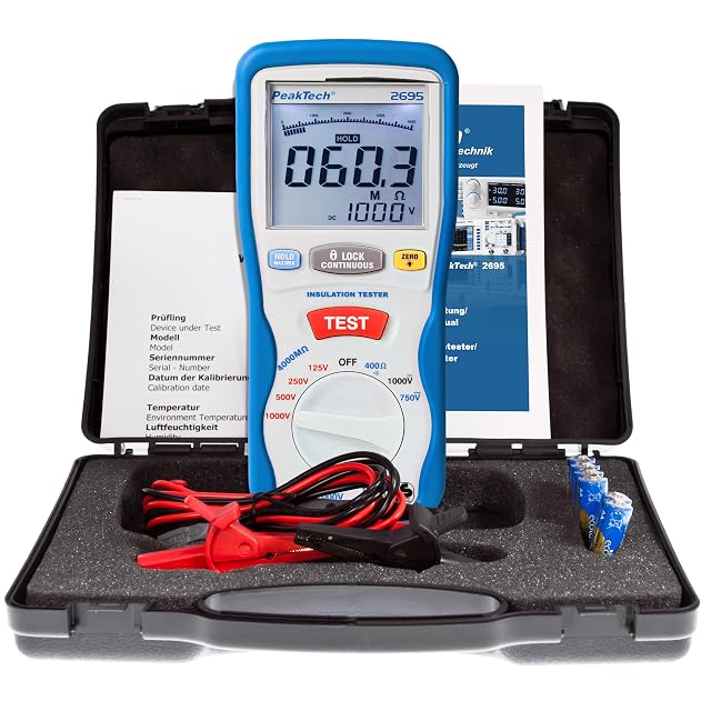 PeakTech P 2695 insulation tester with its dual LCD display and test leads