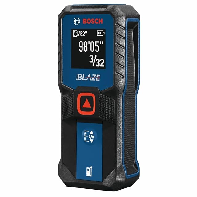 Bosch GLM100-23 Blaze laser distance measure showing its backlit display