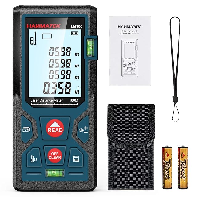 HANMATEK LM100 laser distance meter showing its backlit display with a distance reading