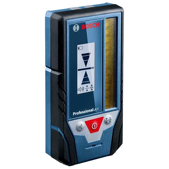 Bosch Professional LR 7 laser receiver held against a wall, indicator showing on-grade