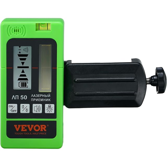 VEVOR laser receiver clamped to a grade rod, its display showing an on-grade indication