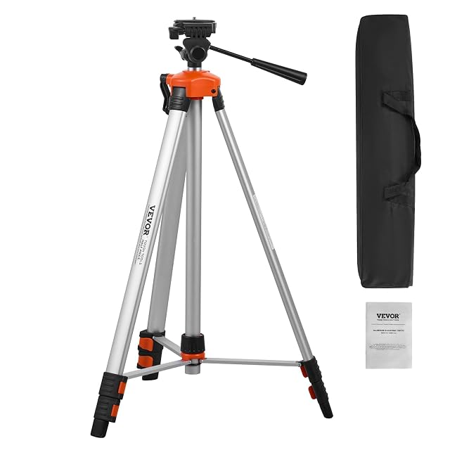 VEVOR construction tripod extended, with a cross-line laser mounted on its head
