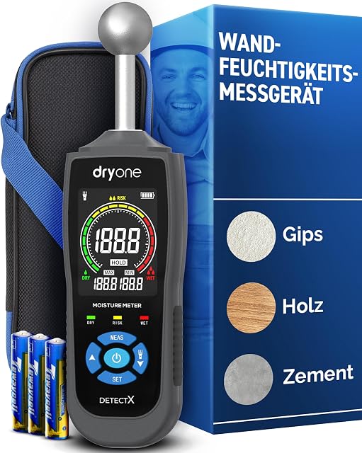 DryOne DetectX moisture meter held against a screed floor
