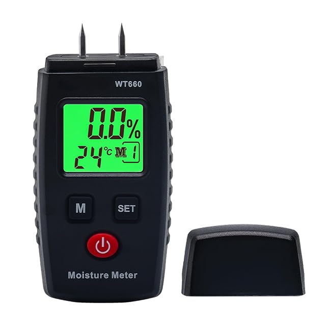 GERUI pin moisture meter with its two probe pins pressed into a timber board