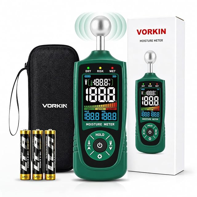 VORKIN moisture meter with its rounded ball sensor against a plastered wall