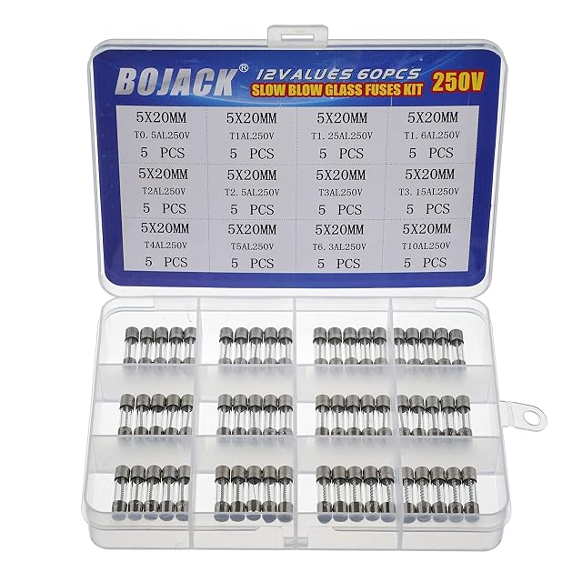 BOJACK glass fuse assortment box with twelve compartments of 5 by 20 millimeter fuses