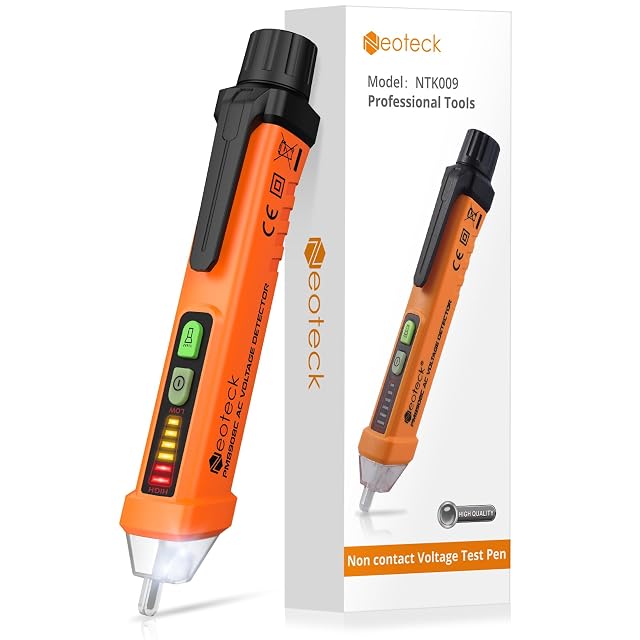 Neoteck non-contact voltage pen with its tip against a cable, LED lit