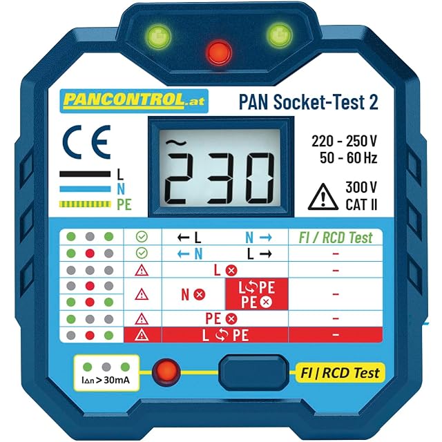 PANCONTROL socket tester plugged in, with its indicator lamps lit