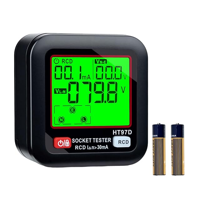 Wigearss socket tester plugged into a wall socket, LCD showing a voltage reading